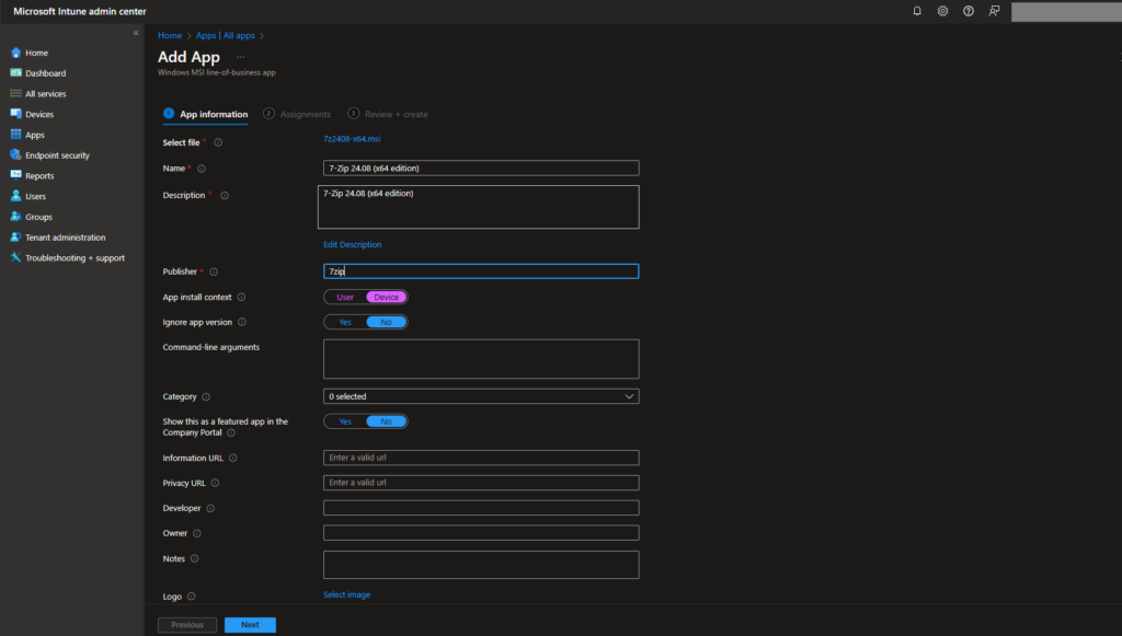 Add MSI file information in Intune