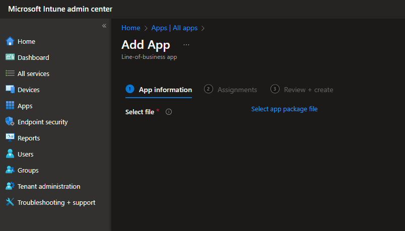 Select the MSI for LOB app deployment in Intune