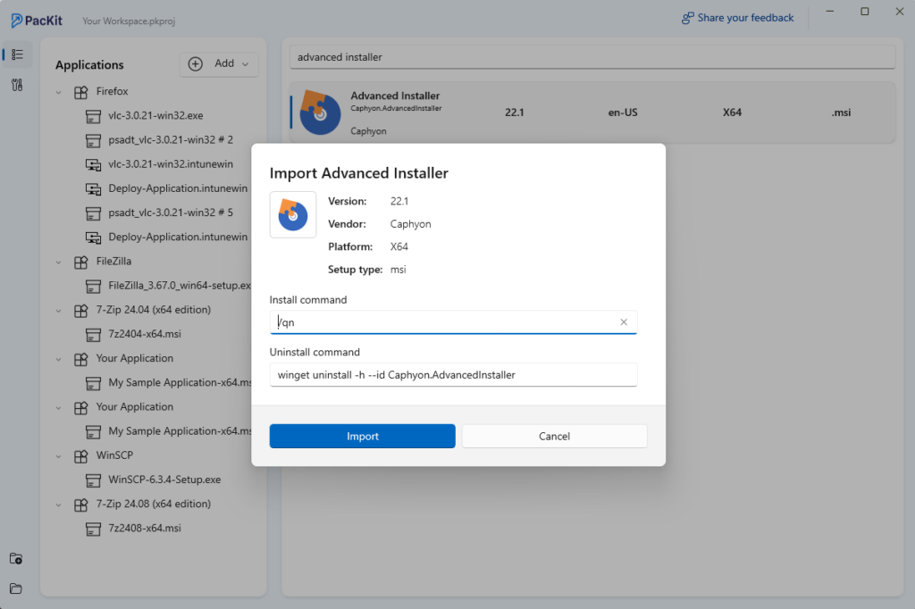 Import app from WinGet into PacKit